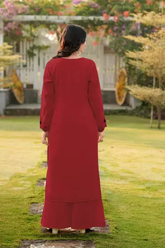 Maroon embroidered art silk straight cut kurta palazzo set