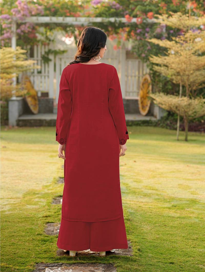 Maroon embroidered art silk straight cut kurta palazzo set