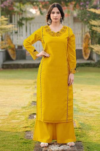 Yellow embroidered art silk straight cut kurta