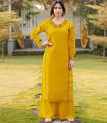 Yellow embroidered art silk straight cut kurta