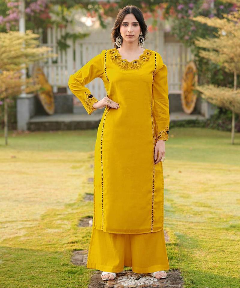 Yellow embroidered art silk straight cut kurta