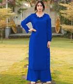 Royal-blue embroidered art silk straight cut kurta palazzo set