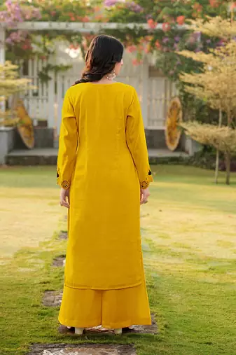 Yellow embroidered art silk straight cut kurta