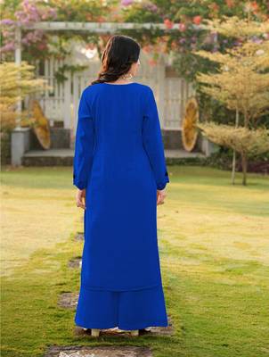 Royal-blue embroidered art silk straight cut kurta palazzo set 2