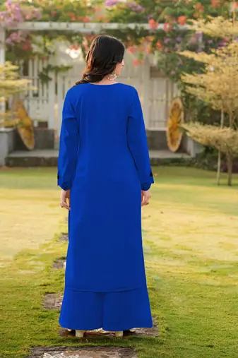 Royal-blue embroidered art silk straight cut kurta palazzo set