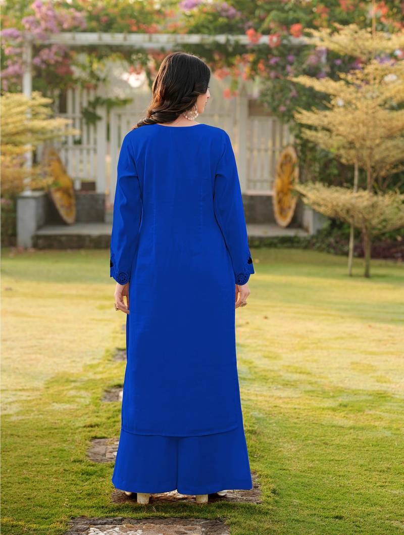 Royal-blue embroidered art silk straight cut kurta palazzo set