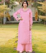 Light-pink embroidered art silk straight cut kurta