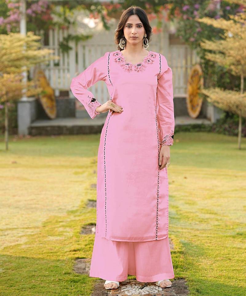 Light-pink embroidered art silk straight cut kurta
