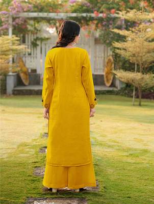 Yellow embroidered art silk straight cut kurta palazzo set 2