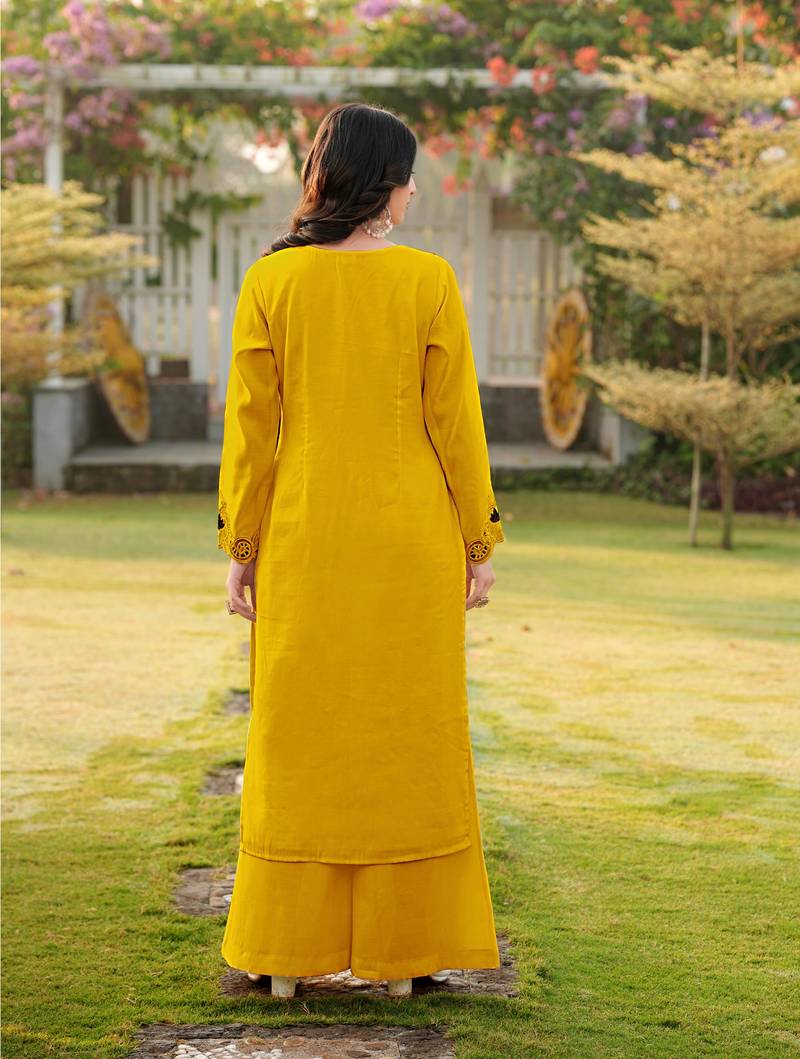 Yellow embroidered art silk straight cut kurta palazzo set
