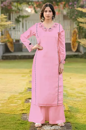 Light-pink embroidered art silk straight cut kurta palazzo set
