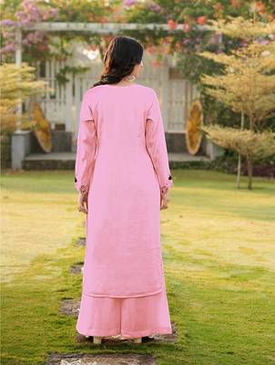 Light-pink embroidered art silk straight cut kurta palazzo set 2