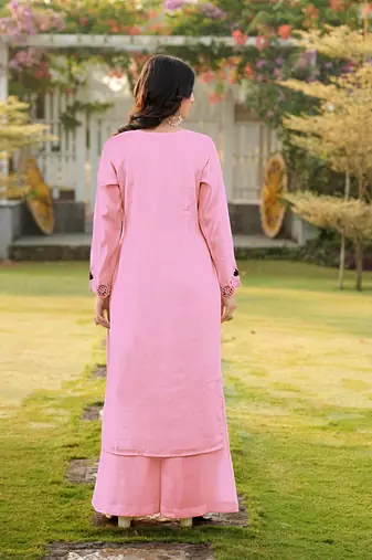 Light-pink embroidered art silk straight cut kurta palazzo set