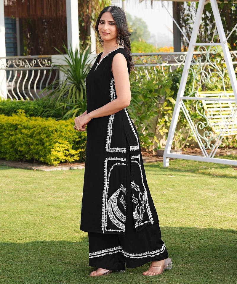 Black embroidered modal satin straight cut kurta