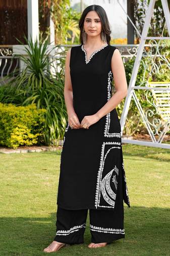 Black embroidered modal satin straight cut kurta culottes set