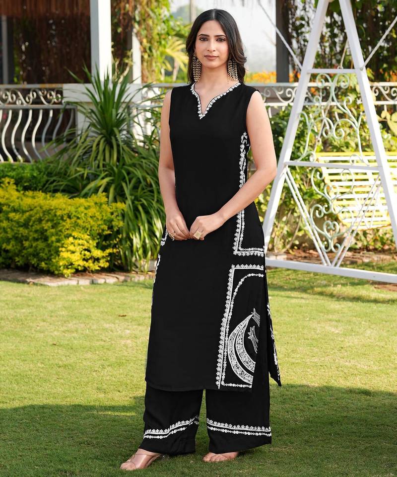 Black embroidered modal satin straight cut kurta culottes set