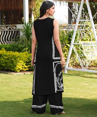 Black embroidered modal satin straight cut kurta 3