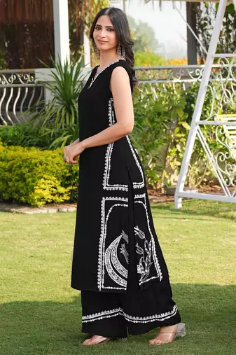 Black embroidered modal satin straight cut kurta culottes set