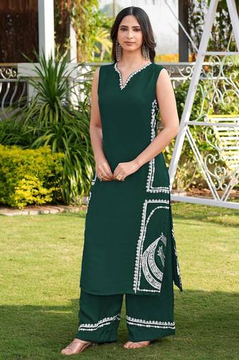 Dark-green embroidered modal satin straight cut kurta