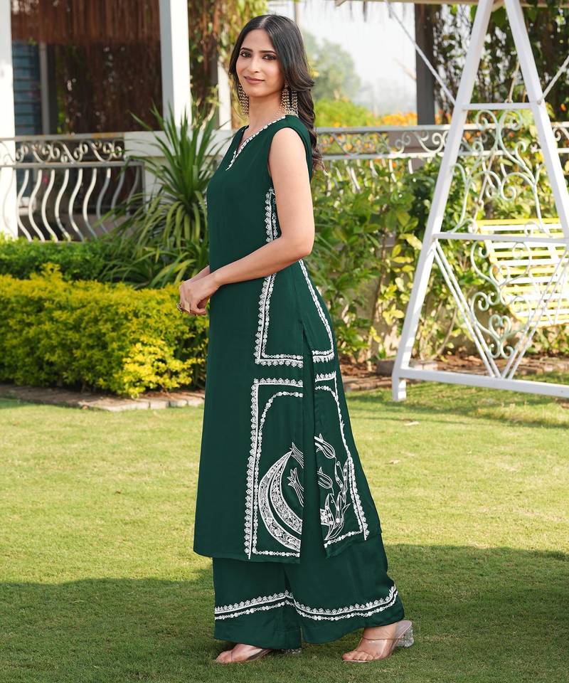 Dark-green embroidered modal satin straight cut kurta