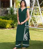 Dark-green embroidered modal satin straight cut kurta culottes set