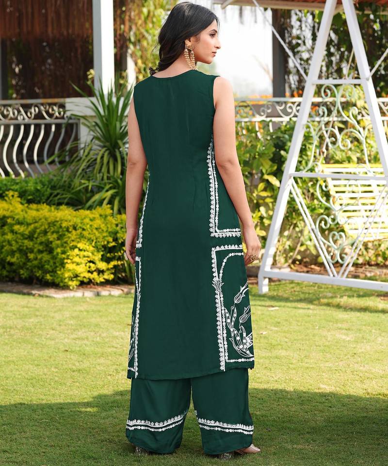 Dark-green embroidered modal satin straight cut kurta