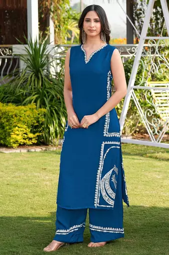 Royal-blue embroidered modal satin straight cut kurta