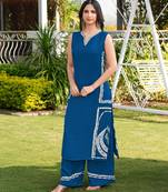 Royal-blue embroidered modal satin straight cut kurta