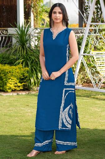Royal-blue embroidered modal satin straight cut kurta culottes set