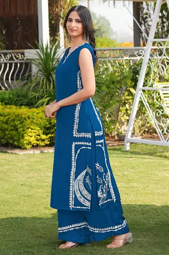 Royal-blue embroidered modal satin straight cut kurta culottes set