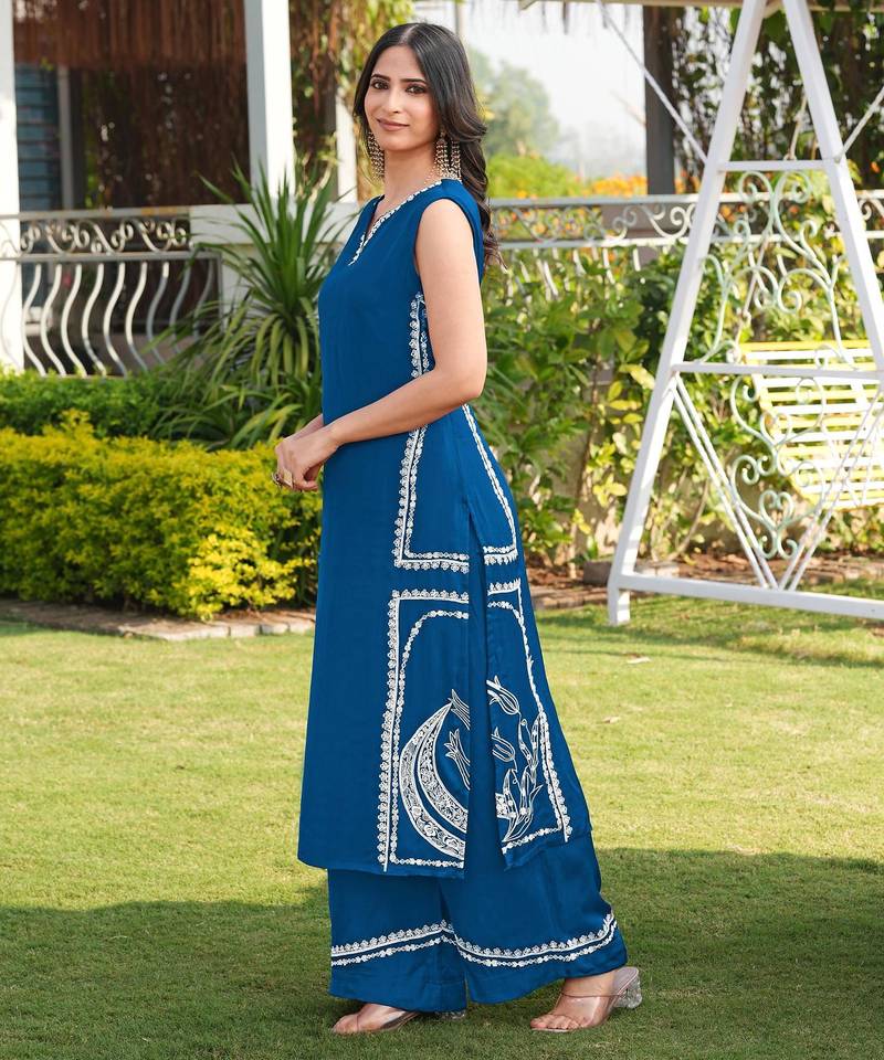 Royal-blue embroidered modal satin straight cut kurta culottes set