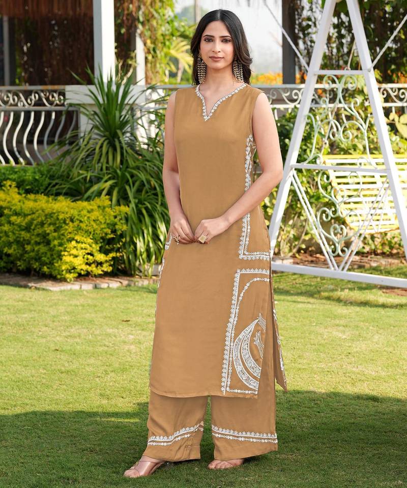 Light-brown embroidered modal satin straight cut kurta