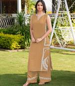 Light-brown embroidered modal satin straight cut kurta culottes set