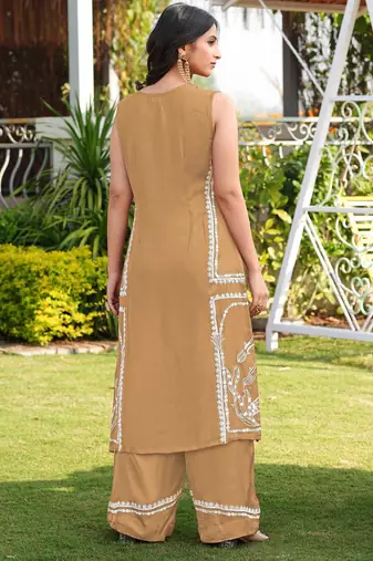 Light-brown embroidered modal satin straight cut kurta culottes set