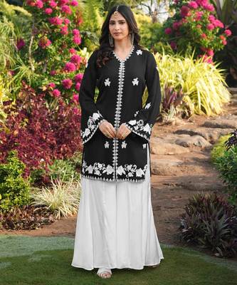 Black embroidered modal satin straight cut kurta 2