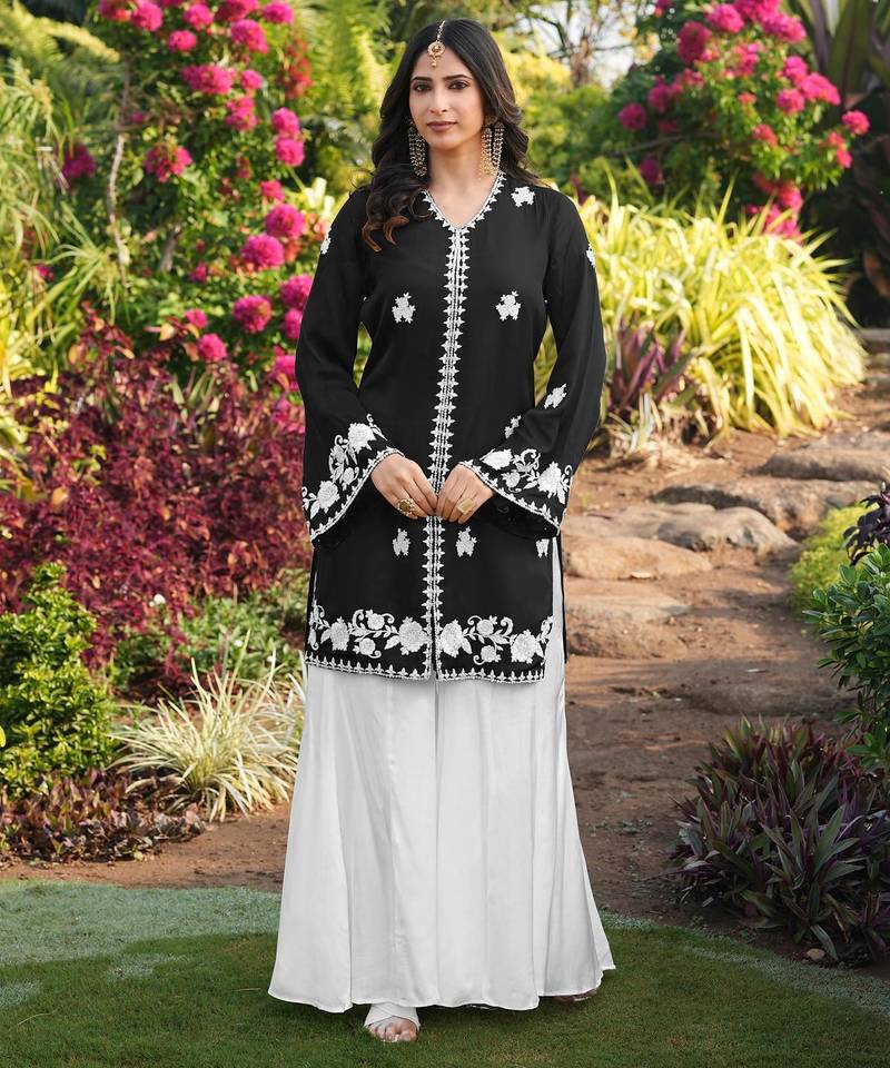 Black embroidered modal satin straight cut kurta