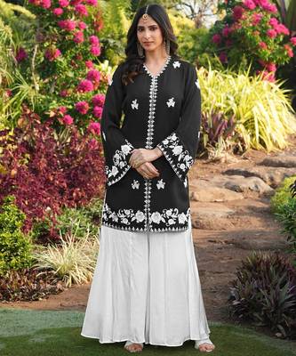 Black embroidered modal satin straight cut kurta kalidar palazzo set 1