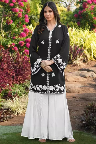 Black embroidered modal satin straight cut kurta kalidar palazzo set