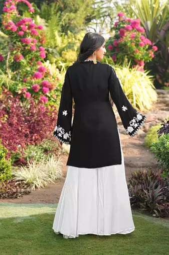 Black embroidered modal satin straight cut kurta
