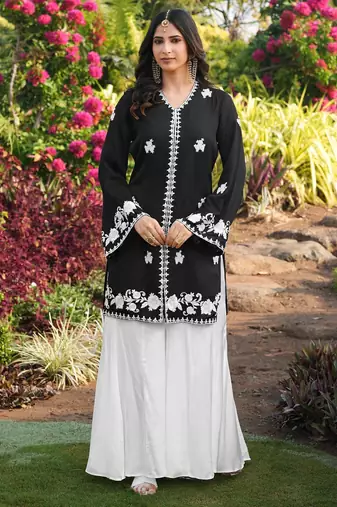 Black embroidered modal satin straight cut kurta kalidar palazzo set