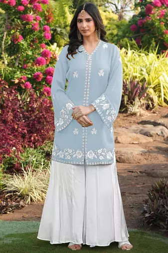 Light-blue embroidered modal satin straight cut kurta