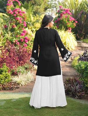 Black embroidered modal satin straight cut kurta kalidar palazzo set 3