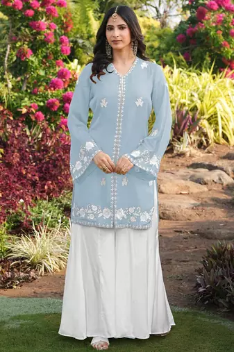 Light-blue embroidered modal satin straight cut kurta