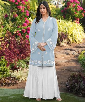 Light-blue embroidered modal satin straight cut kurta kalidar palazzo set 1