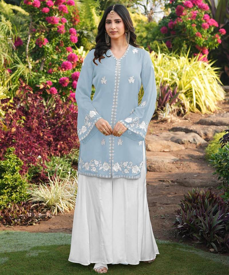 Light-blue embroidered modal satin straight cut kurta kalidar palazzo set