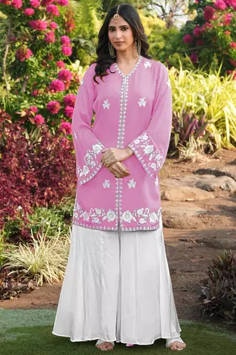 Light-pink embroidered modal satin straight cut kurta