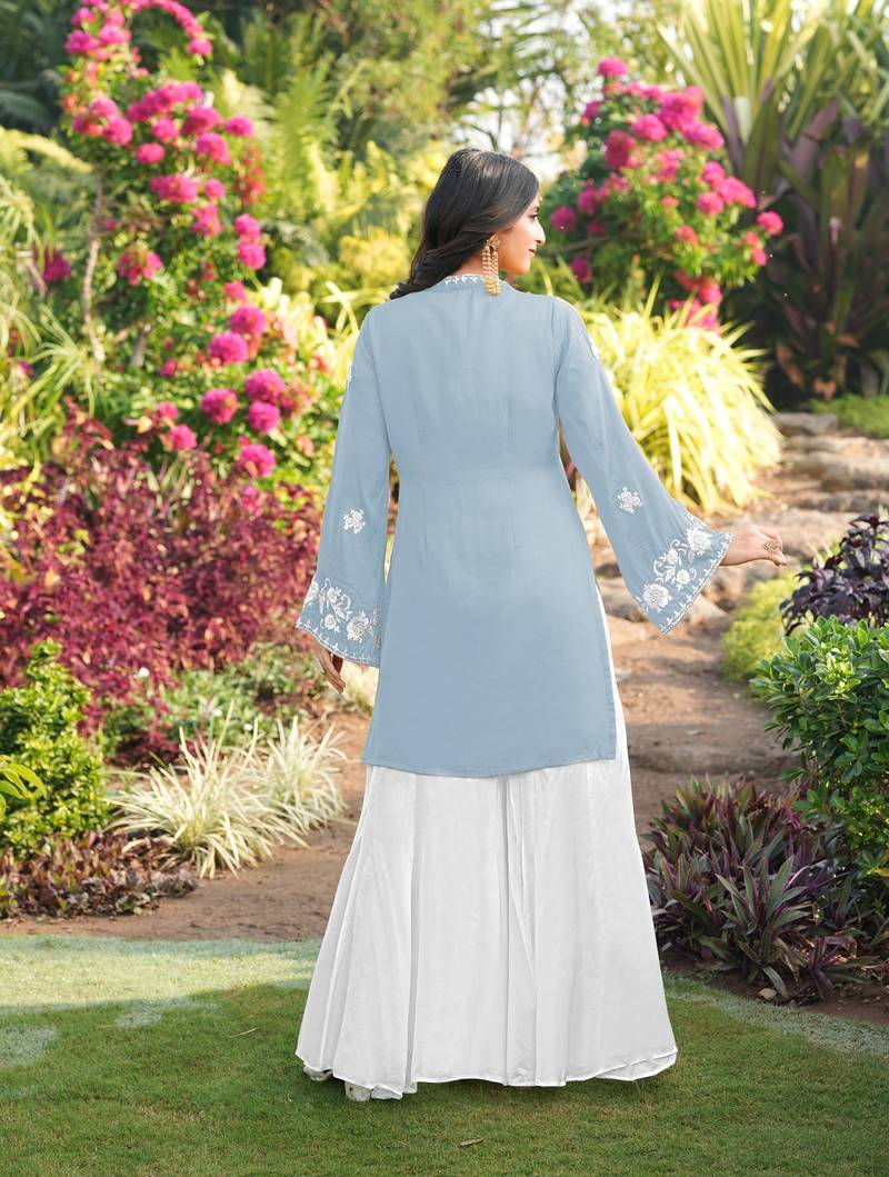 Light-blue embroidered modal satin straight cut kurta kalidar palazzo set