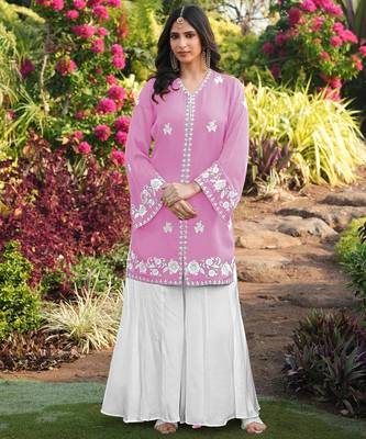 Light-pink embroidered modal satin straight cut kurta kalidar palazzo set 1