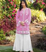 Light-pink embroidered modal satin straight cut kurta kalidar palazzo set