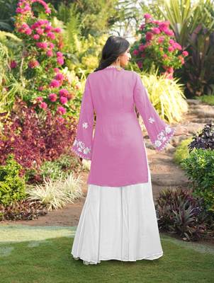 Light-pink embroidered modal satin straight cut kurta 3
